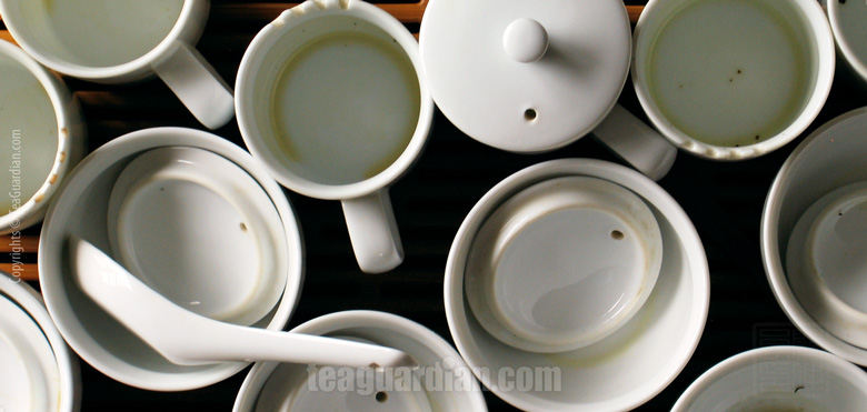 Emptied tasters' mugs during a tasting session