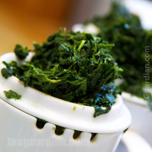 Infused leaves of a fine gyokuro on the taster mug