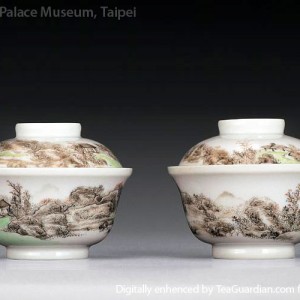 White Porcelain Gaiwan Pair with painted landscape