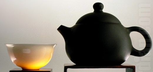 Cup with teapot on wooden rest in classic auspicious cloud design